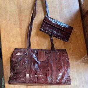 Elegant Brown Eel Skin Purse & Wallet Set, Vintage 1980’s in Perfect Condition